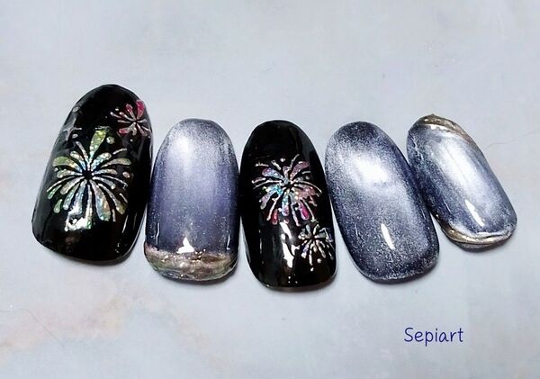 No337☆ジェルネイルチップ☆付け爪☆花火×ダークネイビー5ミクロンマグネット☆ニュアンスネイル☆夏ネイル