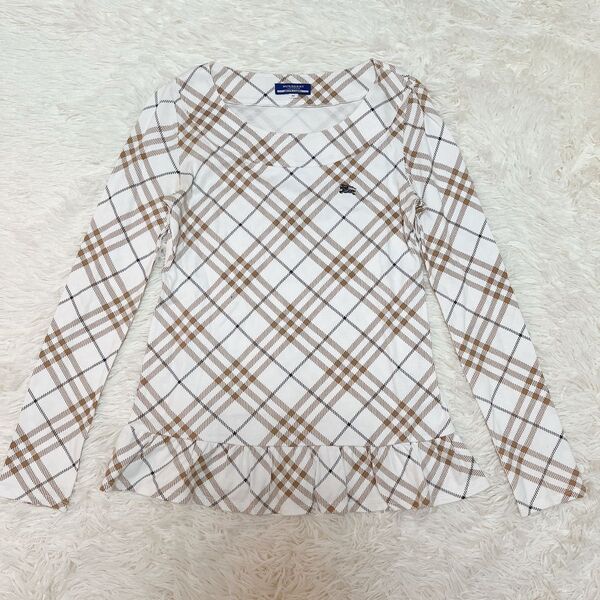 バーバリーブルーレーベル 長袖 ロンT トップス カットソー フリル ペプラム チェック ホースロゴ BURBERRY