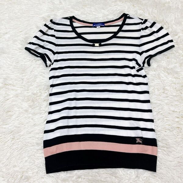 BURBERRY ボーダー トップス 半袖 カットソー ホワイト 綿100 半袖ニット ピンク バーバリーブルーレーベル ネイビー