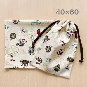 40×60 給食セット 巾着&ランチョンマット トレジャーハント*ベージュ*両紐