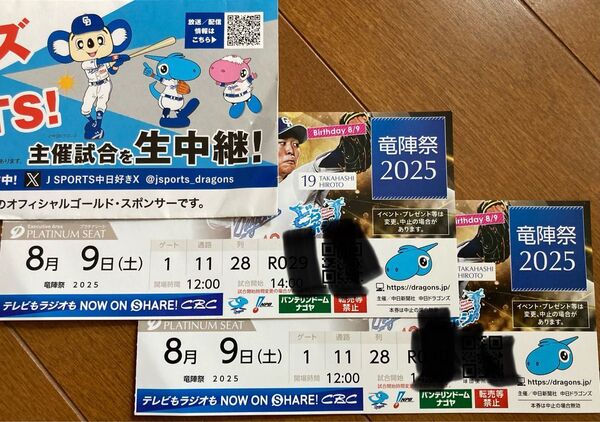 バンテリンドームチケット 2025年8月9日 (土)中日ドラゴンズvs広島カープ竜陣祭2025