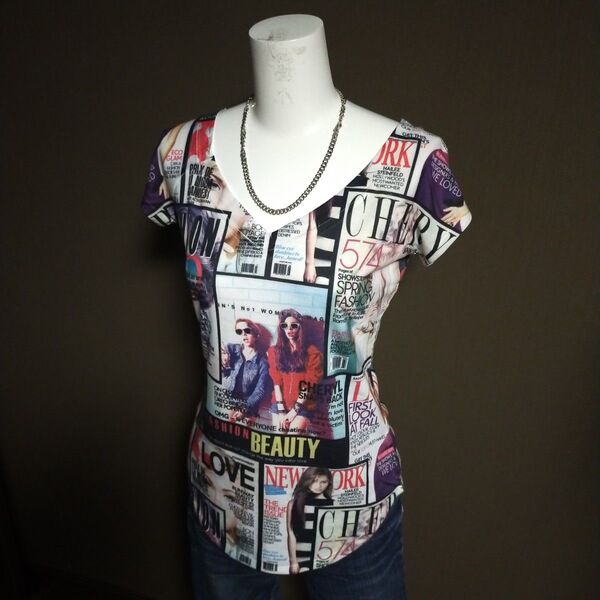 《y2k》Made in USA ファッション雑誌コラージュシャツ 半袖 トップス
