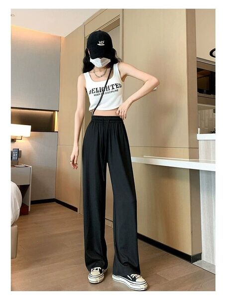 ワイドパンツ ストレートパンツ ハイウエスト アイスシルク ロングパンツ 脚長 ズボン 春 夏 秋 ダンス 接触冷感 ロングパンツ