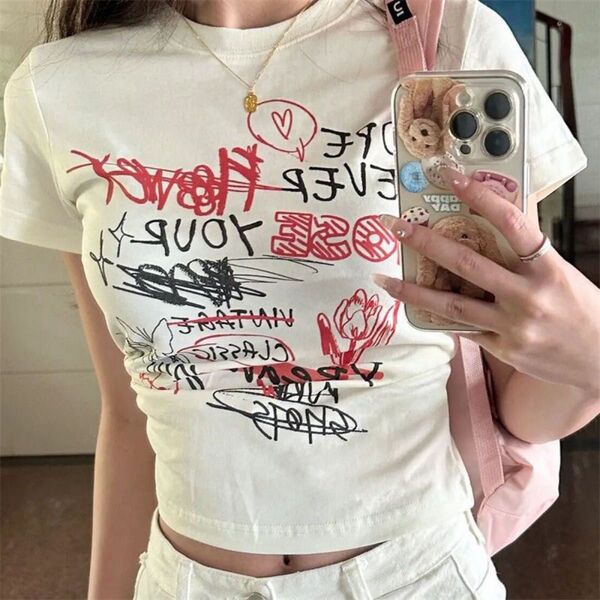 Y2K 韓国風 ワンホン 平成ギャル ロゴプリント グランジ ピチT 半袖 Tシャツ パンク ホワイト 白 可愛い レディース
