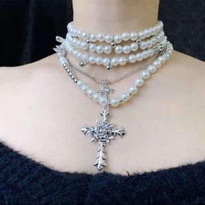 A191【ラスト】ネックレス フェアリーグランジ グランジ y2k パール 十字架 シルバー豪華 大ぶり チョーカー