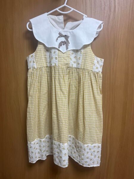 ハンドメイド 黄色ギンガムチェックワンピース サイズ110