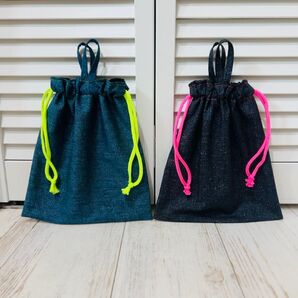 デニム調給食袋2p(フックヒモ)/デニム/新学期/巾着袋/ ポーチ/ハンドメイド/ 巾着