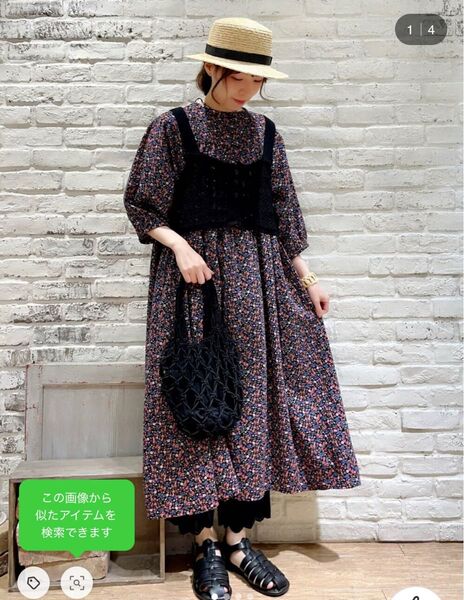 サマンサモスモス 小花柄 ロングワンピース ブラック フリーサイズ 総柄 カーディガン 羽織り 重ね着 前開き 可愛い 大きい