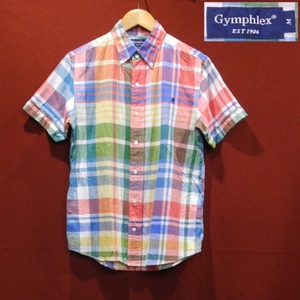 GYMPHLEX ジムフレックス 日本製 デザイン BD ロゴ 半袖シャツ ドレスシャツ チェック柄 虹色 レインボー M 美品