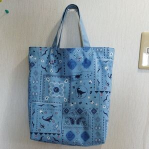 A4トートバッグ サブバッグ ハンドメイド 恐竜 青 リバーシブル カエル