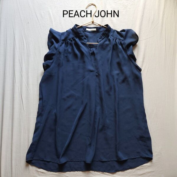 PEACH JOHN ピーチジョン キーネック&フリル ノースリーブとろみブラウス ネイビー L/LL
