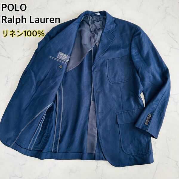 Polo Ralph Lauren リネン100% アンコン テーラードジャケット ポロラルフローレン ネイビー L