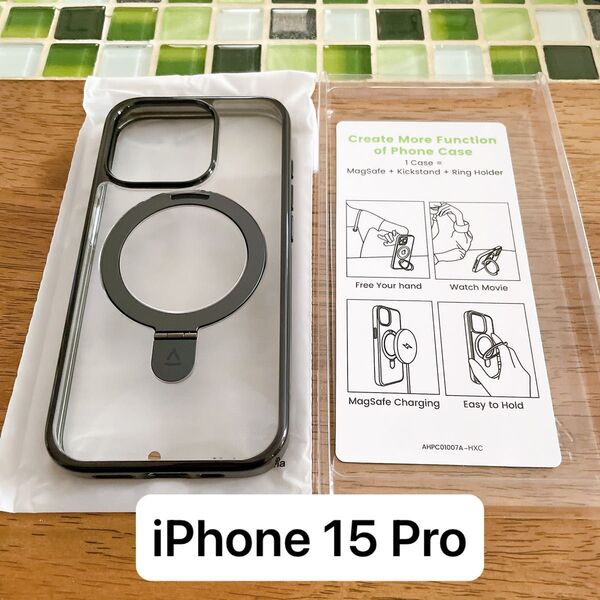 Alphex iPhone 15 Pro 用 ケース チタニウム リング付き マグネット搭載 ブラック