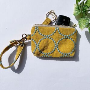 刺繍 サークル イエロー スマートキーケース キーケース キーポーチ ハンドメイド