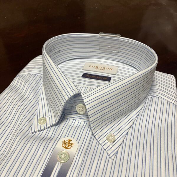 LORDSON Crest形態安定ワイシャツ 白×ブルーストライプ L(40-86)ボタンダウン100番手素材