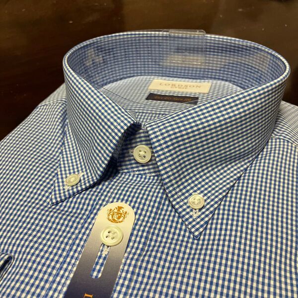 LORDSON Crest形態安定ワイシャツ ブルーチェック LL(43-86) ボタンダウン 100番手素材