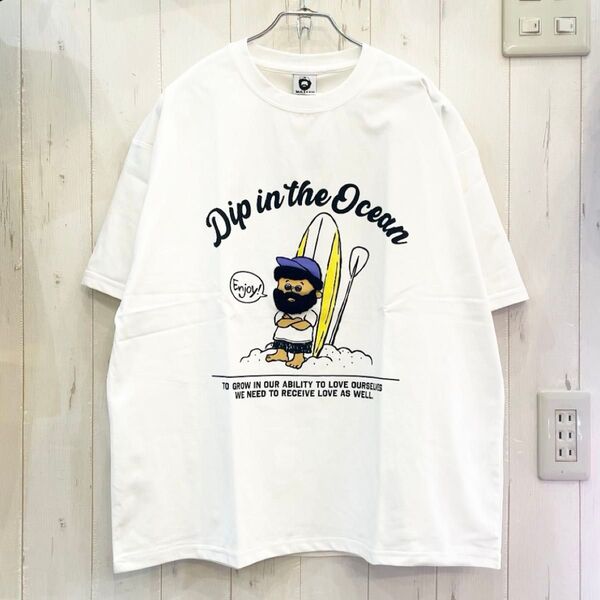新品タグ付き サーフィン 刺繍 OJISAN Tシャツ ユニセックス 半袖 綿 海 プリントT カジュアル ホワイトLサイズ