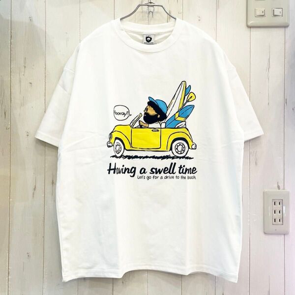 新品タグ付き サーフィン 刺繍 OJISAN Tシャツ ユニセックス 半袖 綿 海 プリントT カジュアル ホワイトLサイズ