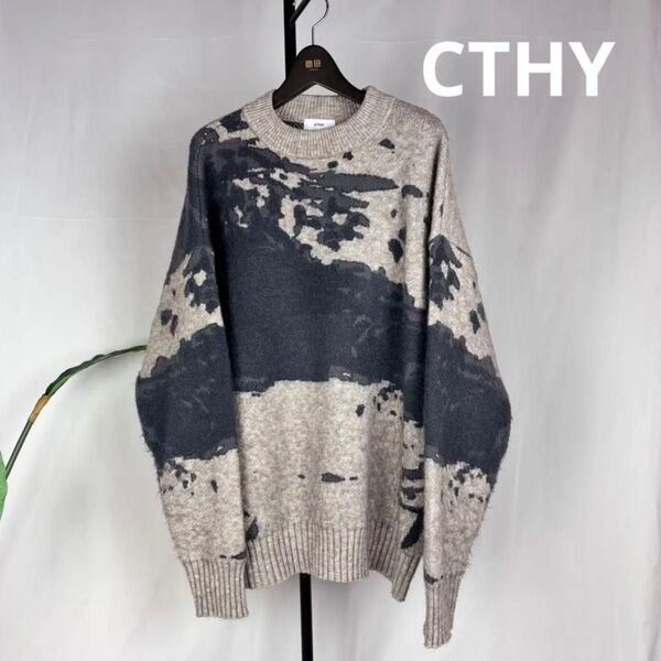 【美品】【オシャレ】【厚手】CTHY グレー ニットセーター M 抽象模様 総柄 クルーネック セーター ニット