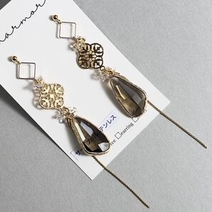 No.1436 1点のみ ブラウン クリア ガラス ピアス イヤリング 大ぶり ロング カジュアル 上品 茶色 個性的