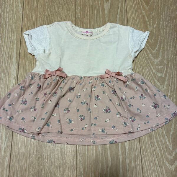 【美品】リボン付きフラワー半袖チュニックTシャツ 女の子 ベビー 80cm