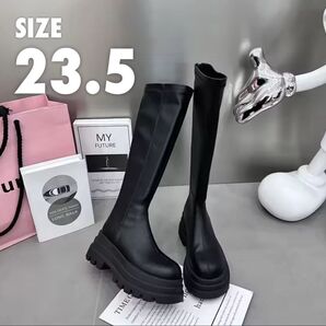 ロングブーツ 厚底 ソール ブラック レザー ストレッチ ラウンドトゥ プラットフォーム 脚長 7cm 秋 冬 23.5