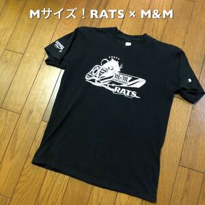 Mサイズ！RATS ラッツ × m&m 古着半袖Tシャツ 黒 穴×2 色褪せ バイカー アメカジ古着