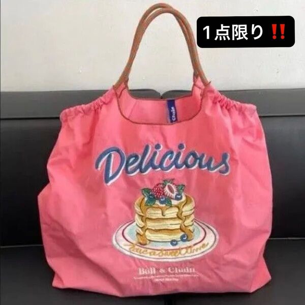 エコバッグ 刺繍 ショルダーバッグ トートバッグ ナイロン マザーズバッグ 軽量 大容量 パンケーキ ピンク 折りたたみバッグ