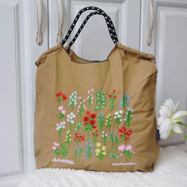 エコバッグ 刺繍 ショルダーバッグ トートバッグ ナイロン マザーズバッグ 軽量 大容量 花 フラワー ベージュ 折りたたみバッグ