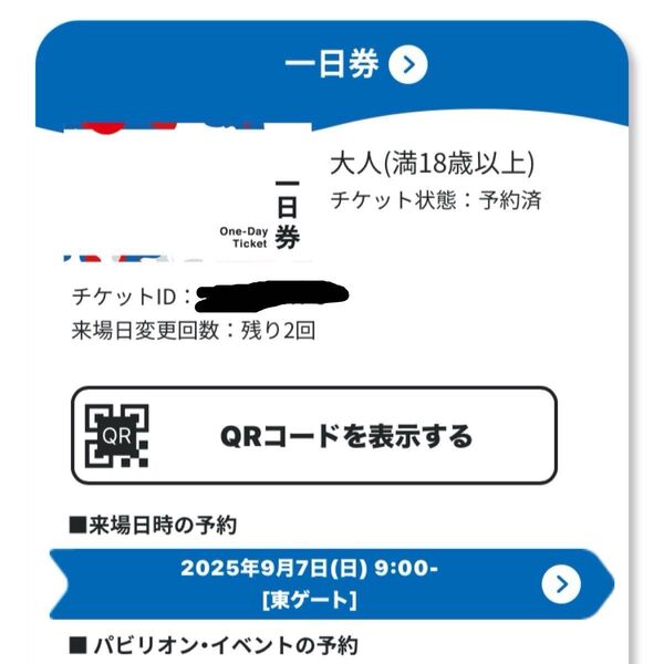 大阪・関西万博 入場券 2025年9月7日(日) 大人 2枚パビリオン2ヶ月前予約テックワールド当選