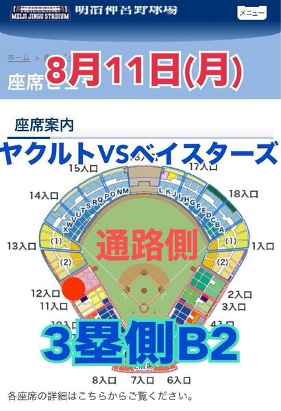 ヤクルトスワローズVS横浜ベイスターズ 8月11日(月) 3塁側内野B2指定席(通路側) チケット1枚 神宮球場公式戦