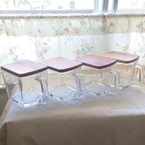 ★木製フタ付き キャニスター♪ お洒落な ガラス製品♪ 4個セット★