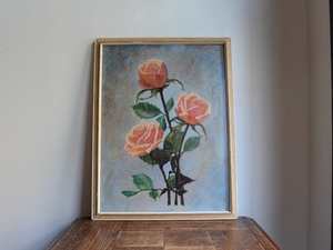 アンティーク オブジェ バラ 木製フレーム ヴィンテージ ローズ ウォールデコレーション (薔薇絵画) 額縁 アート 油彩 油絵 ART