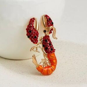 ブローチ ロブスター ジルコニア ラインストーン レッド オレンジ かわいい 可愛い キュート アクセサリーピン