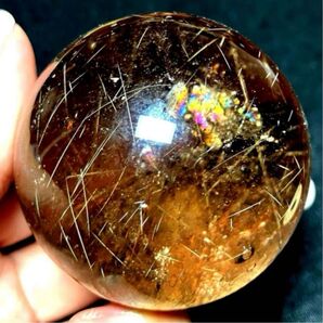 50mm 虹入りゴールドルチルクォーツ 丸玉 スフィア 金針水晶