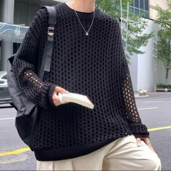 【新品】 メッシュニット 透かし編みトップス 長袖 サマーニット 韓国 レディース メンズ 男女兼用 ブラック 黒 夏 秋