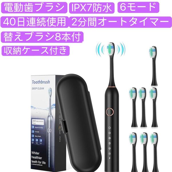 電動歯ブラシ 音波式 電動ハブラシ横振り IPX7防水 6モード音波歯ブラシ 替えブラシ8本付 充電式 収納ケース付き