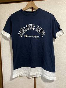 ★【Champion：チャンピオン】半袖 バイカラー レイヤードTシャツ 切り替え sizeM/ネイビー×ホワイト