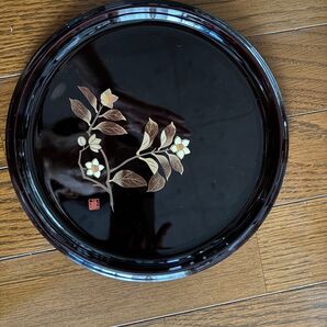 丸盆 蒔絵 椿柄 黒塗り 漆器 和風 花柄