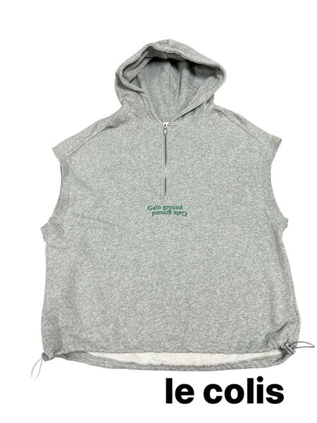 le colis 刺繍ロゴ フード付ハーフジッププルオーバー ハーフジップスウェット アジャスター付 ノースリーブ