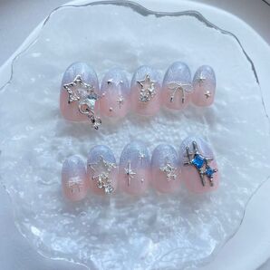 星空 マグネット グラデ 星 リボン 揺れる ピンク 水色 くすみブルー ワンホン 夏 春 冬 y2k ネイル ネイルチップ