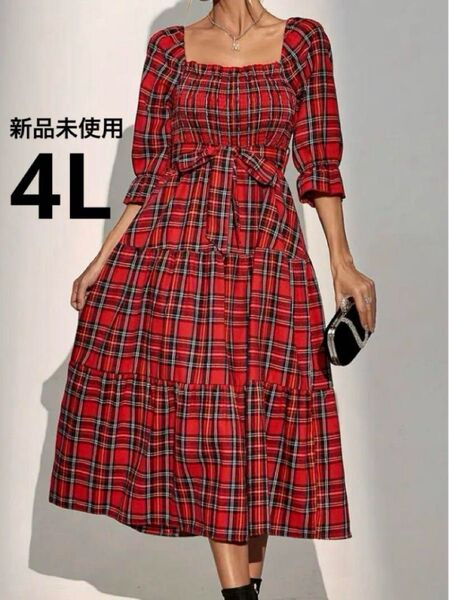 新品未使用 4L大きいサイズ 七分袖シャーリングティアードワンピース レッド チェック パフスリーブフリル リボン