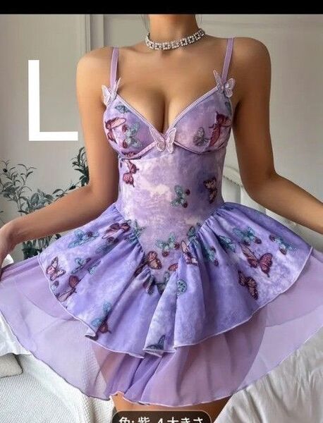 新品 キャミソールワンピース パープル 蝶々柄 11月初旬迄!!