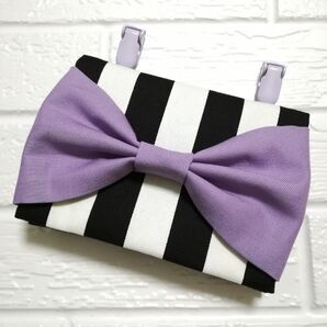 ★オーダーメイド★ストライプ パープル大きなリボン ☆ クリップ付 ☆ 移動ポケット