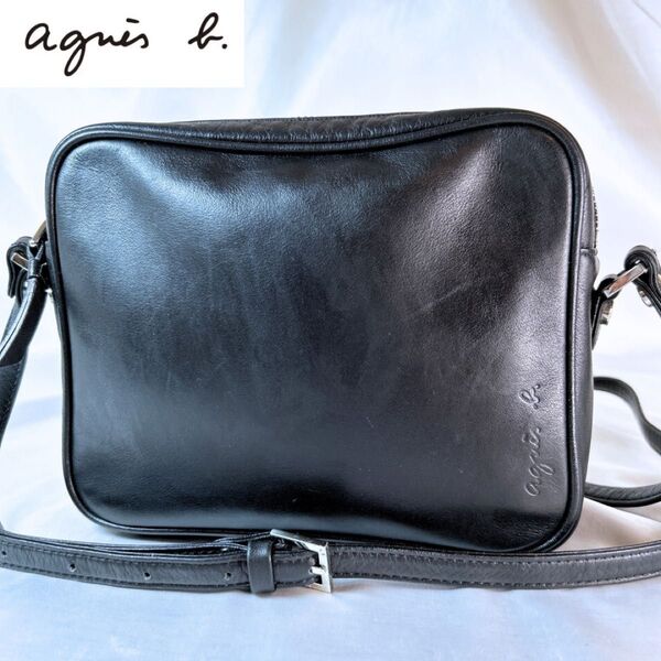 agnes b. アニエスベー ショルダーバッグ カメラバッグ レザー 本革 ブラック 黒 型押しロゴ 斜めがけ