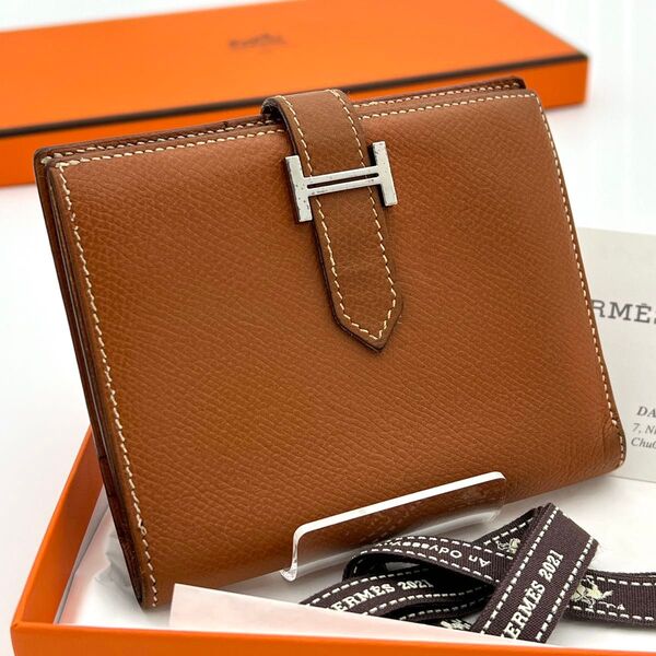 【鑑定済】HERMES エルメス ベアン コンパクト 折り財布 ゴールド