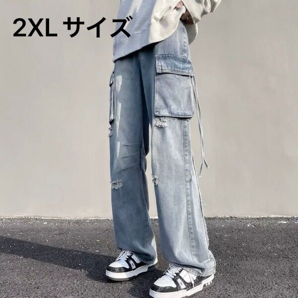 デニム メンズ パンツ ジーパン ワイド ダメージ ダボダボ ストリート ズボン 2XLサイズ 男女兼用 ユニセックス