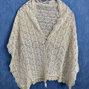 【昭和レトロ/当時物】大丸百貨店購入 和装洋装兼用 透かし編みレース ショール ストール【ベージュ/ダークピンク系】