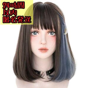 shein カラーウィッグ 前髪付き 耐熱 ミディアム ボブ 水色 青 茶色
