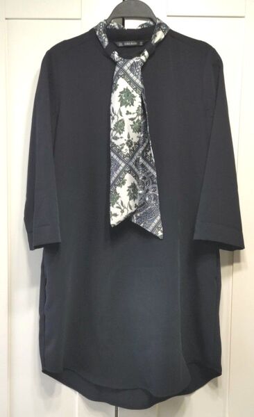 ZARA BASIC ザラ ボウタイ ワンピース ひざ丈 七分袖 ネイビー M シャツワンピース